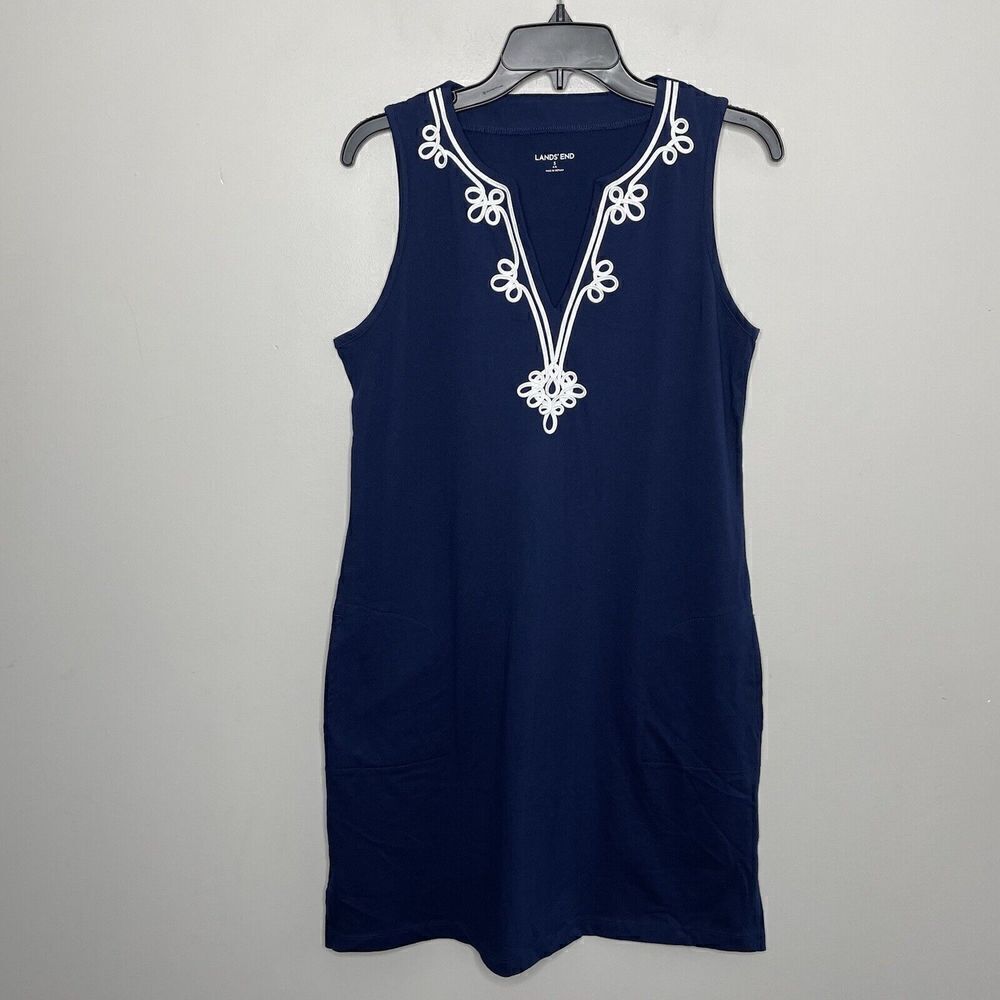 LANDS END Womens Navy Blue Cotton Jersey Swim Cover-Up Dress NEW Embellished S